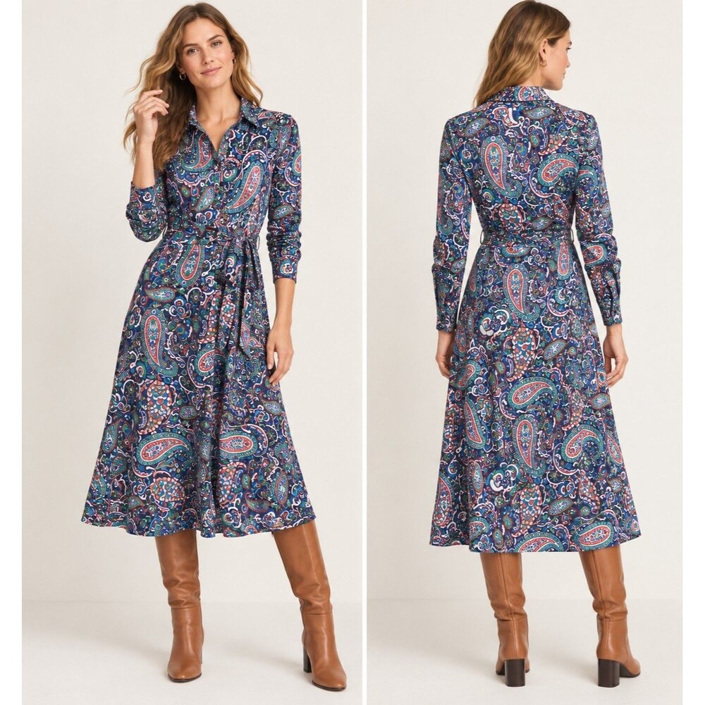 Boden Laura Jersey Midi Shirt Dress Navy Paisley Paradise D1069 Women’s US 8L